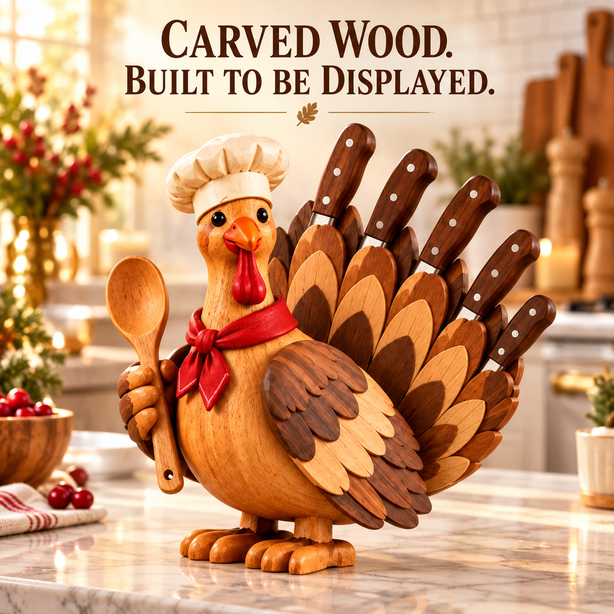 🦃 Wooden Turkey Knife Holder – Thanksgiving Kitchen Counter Decor