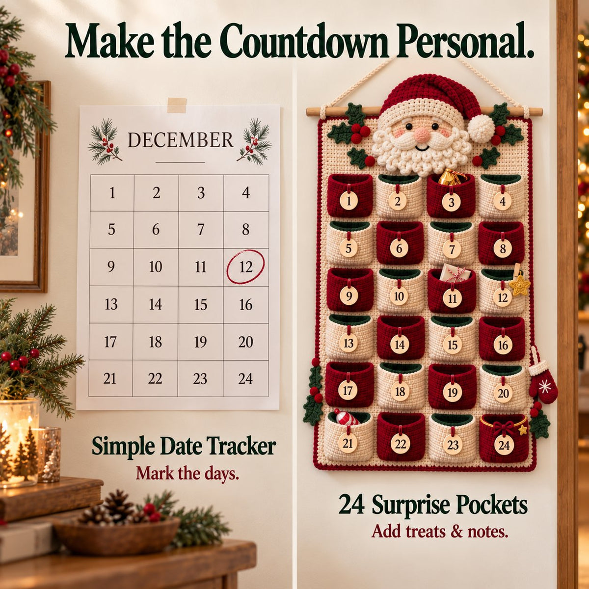⏳ Last Day 49% OFF – 🧶 DIY Crochet Advent Calendar Kit | 24 Refillable Pockets, 4 Christmas Characters & Complete Crochet Materials 🎄