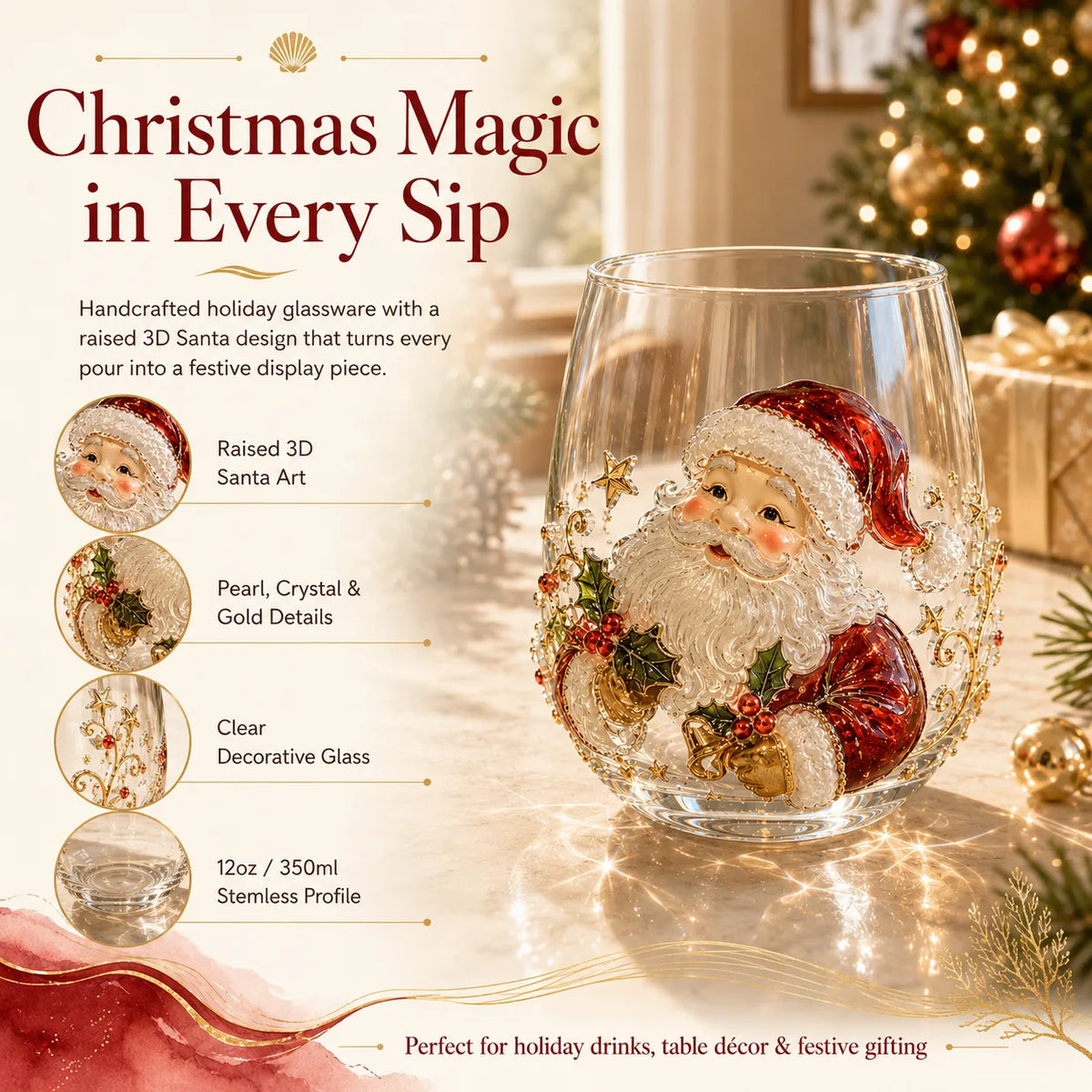 🎄✨ 3D Christmas Glass Art Cup | Luxury Raised Holiday Glassware for Drinks, Decor & Christmas Gifts 🎁